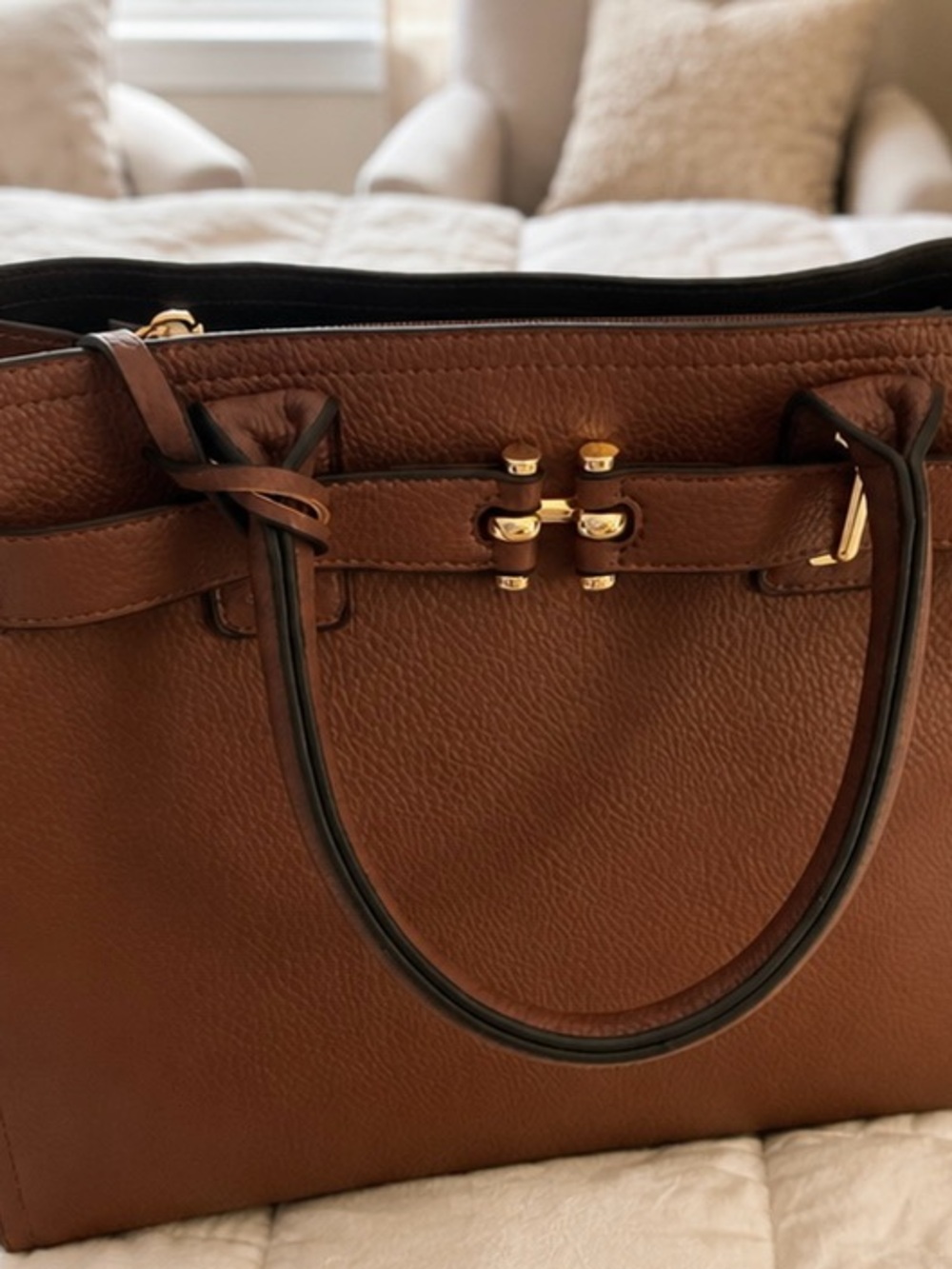 Brown Pebbled Tote Bag with Top Handles